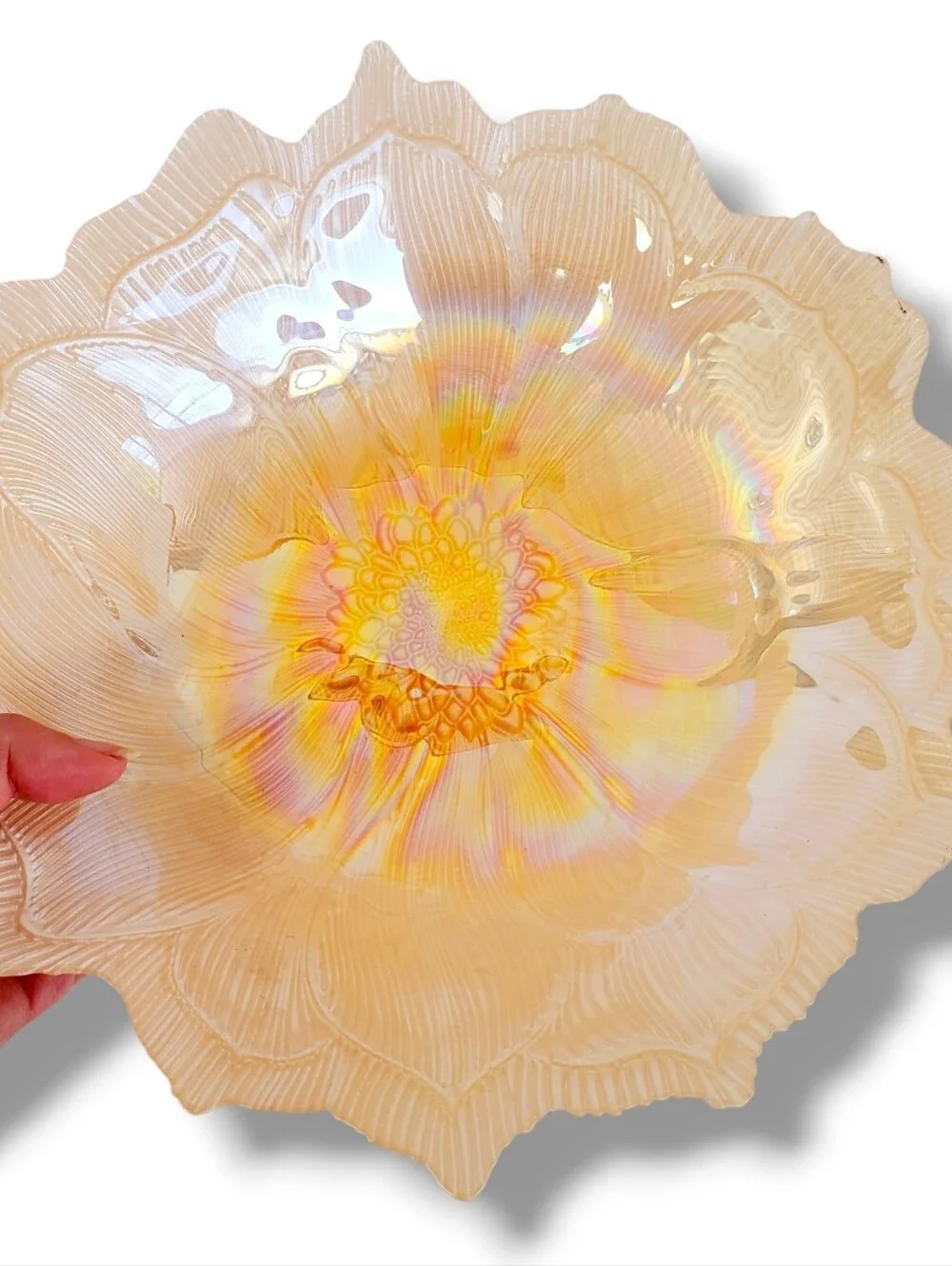 Vintage Iridescent Carnival Glass Bowl Marigold Ruffled Edge Floral 11”